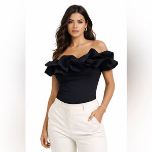 Altar’d State Black Strapless Ruffle Bodysuit Size Large Romantic Statement Top